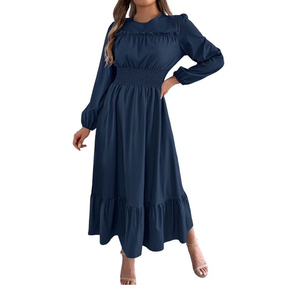 Wdgfv Ruffle Maxi Dress for Women, Pleated A Line Flowy, Business Casual, Holiday Modest Long Sleeve Smocked Spring