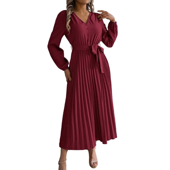 Wdgfv Ruffle Maxi Dress for Women, Pleated A Line Flowy, Business Casual, Holiday Modest Long Sleeve Smocked Spring
