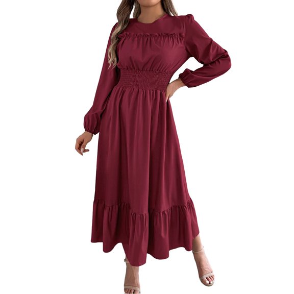 Wdgfv Ruffle Maxi Dress for Women, Pleated A Line Flowy, Business Casual, Holiday Modest Long Sleeve Smocked Spring