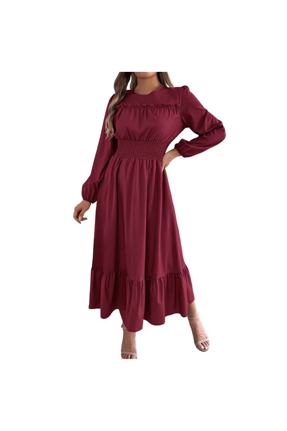 Ruffle Maxi Dress for Women, Pleated A Line Flowy, Business Casual, Holiday Modest Long Sleeve Smocked Spring