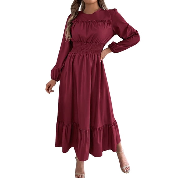 Wdgfv Ruffle Maxi Dress for Women, Pleated A Line Flowy, Business Casual, Holiday Modest Long Sleeve Smocked Spring