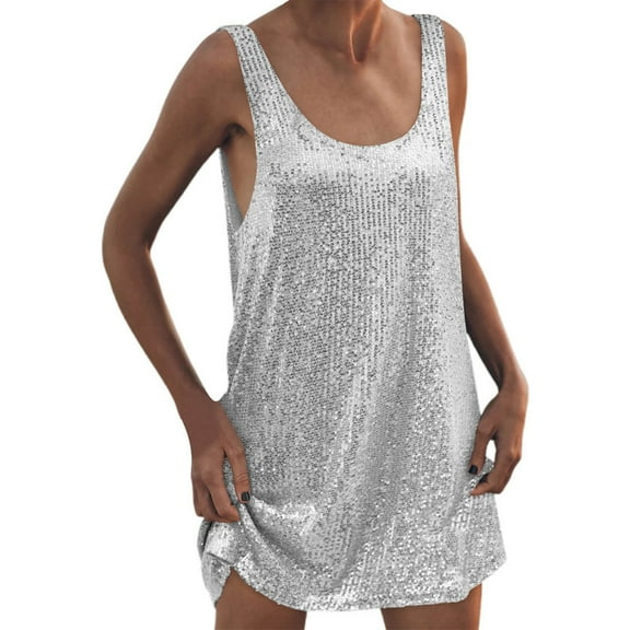 Wdgfv Sequin Dress for Women Sleeveless Scoop Neck Mini Glitter Dress Sparkly Party Dresses Clubwear Light Gray L
