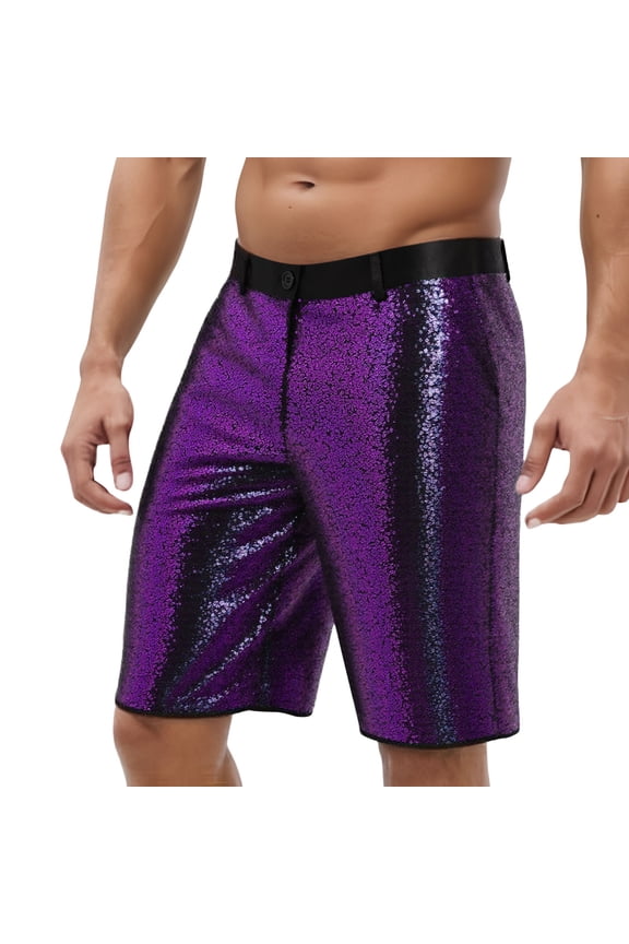 Sequin Shorts for Mens Straight Leg Club Rave Party Metallic Shorts Purple XL