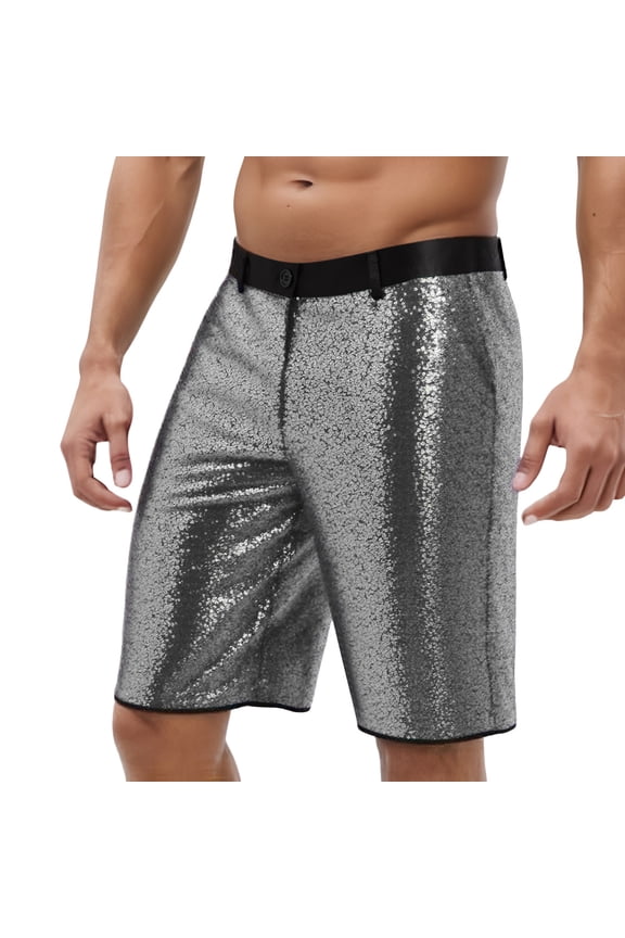 Sequin Shorts for Mens Straight Leg Club Rave Party Metallic Shorts Silver S