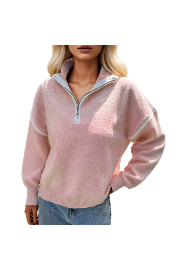 Soft Fleece Lined Pullover Women Women's Casual Long Sleeve Zip Front Pullover Sweater Soft Comfortable Lightweight Knitted Top For