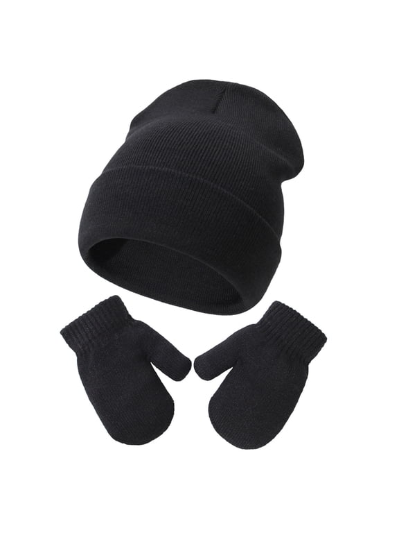 Solid Color Knit Baby Beanie and Mitten Set, Soft Warm Hat & Gloves Kit, Toddler Winter Knitted Hat Mittens for Boys Girls