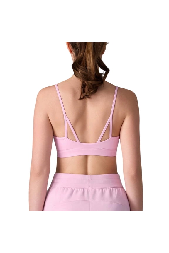 Sports Bras for Women V Neck Workout Top Double Spaghetti Straps Wireless Yoga Clothes Pink M