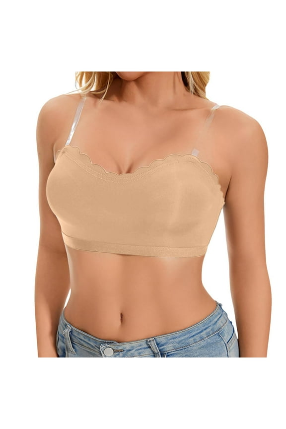 Strapless Bras for Women Push Up Scalloped Clear Straps Wireless Bra Non Slip Full Coverage Gathering Comfy Bandeau Bra