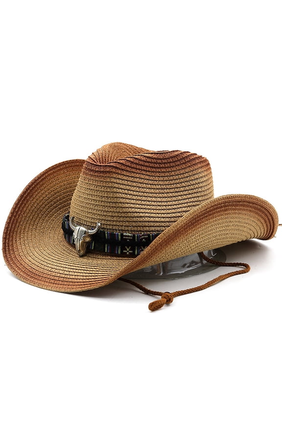 Straw Cowboy Cowgirl Hat Wide Brim Woven Western Cap UPF 50+ Beach Sun Hat Shapeable Packable Fedora Cap for Men Women Brick Red One Size