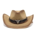 thumbnail image 1 of Wdgfv Straw Cowboy Cowgirl Hat Wide Brim Woven Western Cap UPF 50+ Beach Sun Hat Shapeable Packable Fedora Cap for Men Women Coffee One Size, 1 of 5