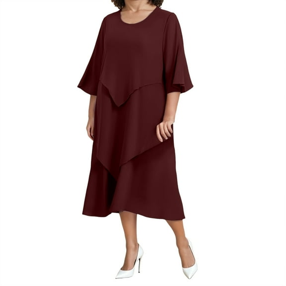 Wdgfv Summer Dress for Women Elegant Patchwork Chiffon Round Neck Short Sleeve Casual Flowy Dress Red L