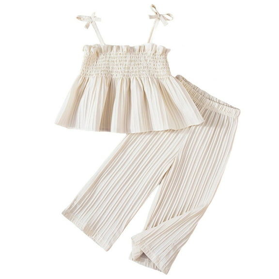 Wdgfv Summer Toddler Girl Outfit Linen Lace Smocked Sleeveless Tank Top Pants Set for Baby Comfortable Breathable Casual Wear Beige 5-6 Years