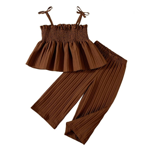 Wdgfv Summer Toddler Girl Outfit Linen Lace Smocked Sleeveless Tank Top Pants Set for Baby Comfortable Breathable Casual Wear Brown 18-24 Months