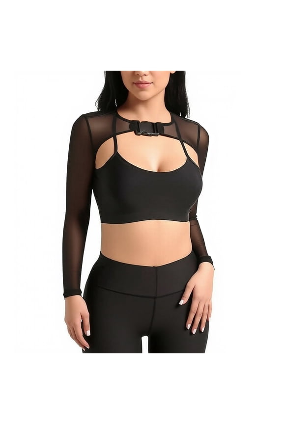 Through Mesh Crop Top Sheer Open Front Shrug Fishnet Cover Ups with Buckle Black S