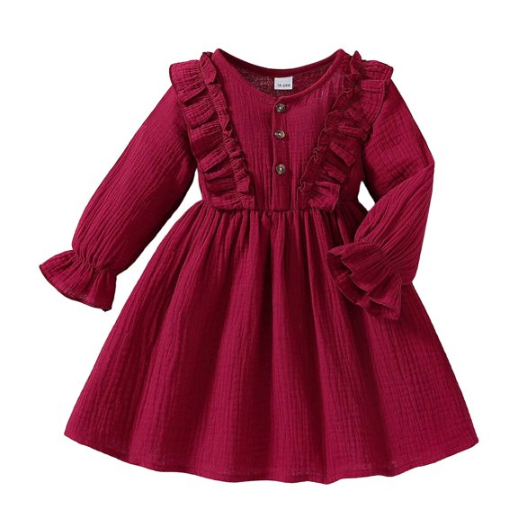 Wdgfv Toddler Baby Girl Gauze Long Sleeve Ruffle Dress Kids Solid Dresses Casual Party Dress Spring Fall Summer Outfit Red 4-5 Years