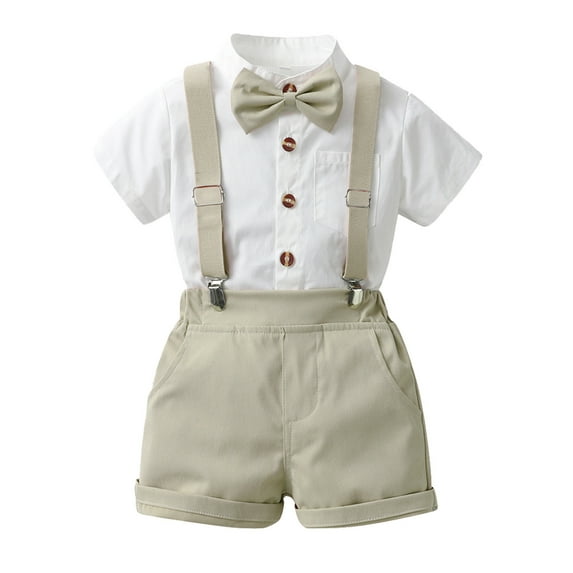 Wdgfv Toddler Boys Gentleman Outfits Short Sleeve Solid Tee Shirt with Suspenders and Shorts Set Beige 3-4 Years