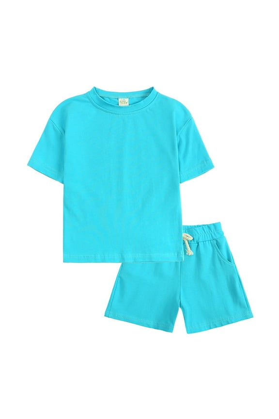 Toddler Boys Girls Summer 2 Piece Tracksuit Outfit Set Short Sleeve Tee and Shorts Blue 2-3 Years