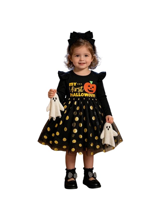 Toddler Girl Autumn Dress Lace Mesh Patchwork Halloween Holiday Party Tiered A Line Long Sleeve Outfit 18-24 Months