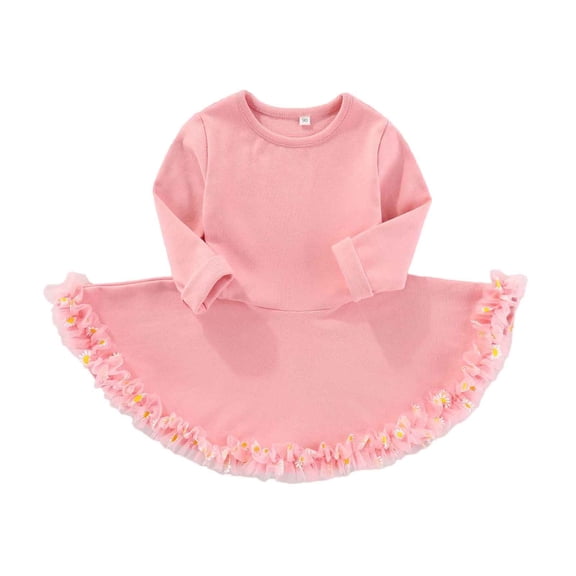 Wdgfv Toddler Girls Floral Mesh Party Dress Long Sleeve Elegant Dance Outfit for Comfortable and Stylish Toddler Dresses for 1-5 Year Pink 3-4 Years