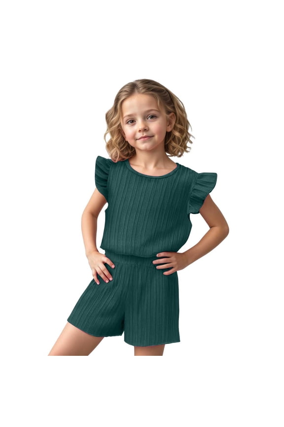 Toddler Girls Summer Outfits Fly Sleeve T-Shirt and Shorts Set Casual Playwear Comfortable 2 Piece Clothing for 1-5 Year Green 12-18 Months