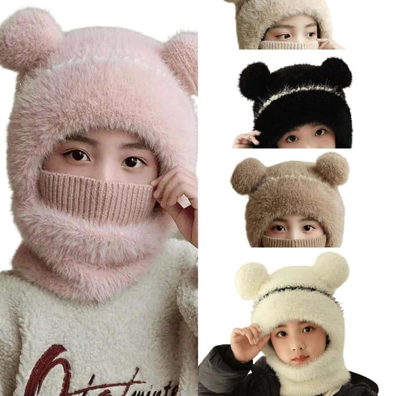 Wdgfv Toddler Integrated Hat Neck Warmer, Thick Ear Flap Winter Beanie with Pom Pom, Windproof Kids 2 in 1 Hat Scarf Combo One Size