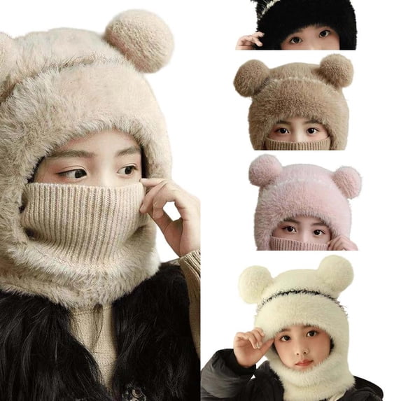 Wdgfv Toddler Integrated Hat Neck Warmer, Thick Ear Flap Winter Beanie with Pom Pom, Windproof Kids 2 in 1 Hat Scarf Combo One Size