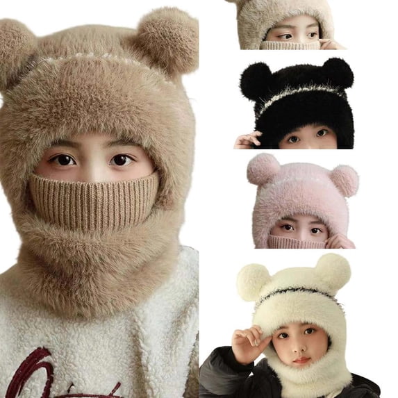 Wdgfv Toddler Integrated Hat Neck Warmer, Thick Ear Flap Winter Beanie with Pom Pom, Windproof Kids 2 in 1 Hat Scarf Combo One Size