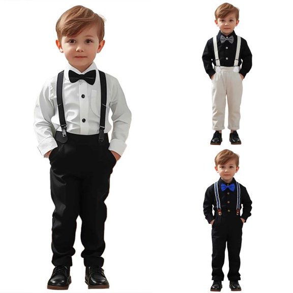 Wdgfv Toddler Kids Baby Boys 1st Christmas Outfit Gentleman Striped Shirt with Bowtie Long Suspender Pants Overalls Clothes 6-12 Months