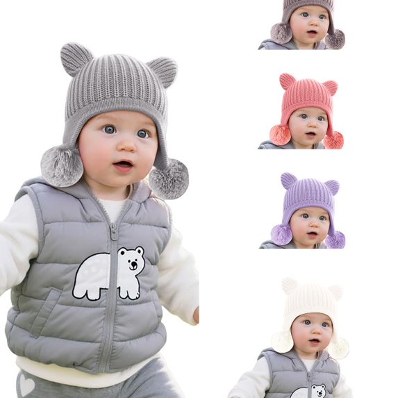 Wdgfv Toddlers Kids Cozy Knitted Beanie with Bear Ear, Baby Girls Boys Warm Lining Earflap Hat Trapper Hat L
