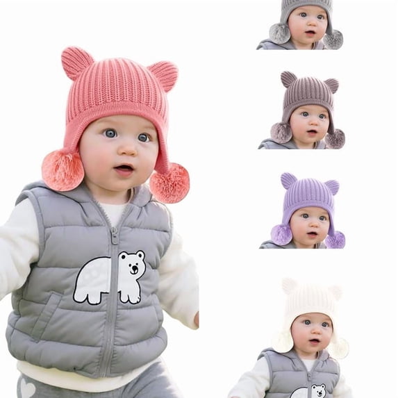 Wdgfv Toddlers Kids Cozy Knitted Beanie with Bear Ear, Baby Girls Boys Warm Lining Earflap Hat Trapper Hat S