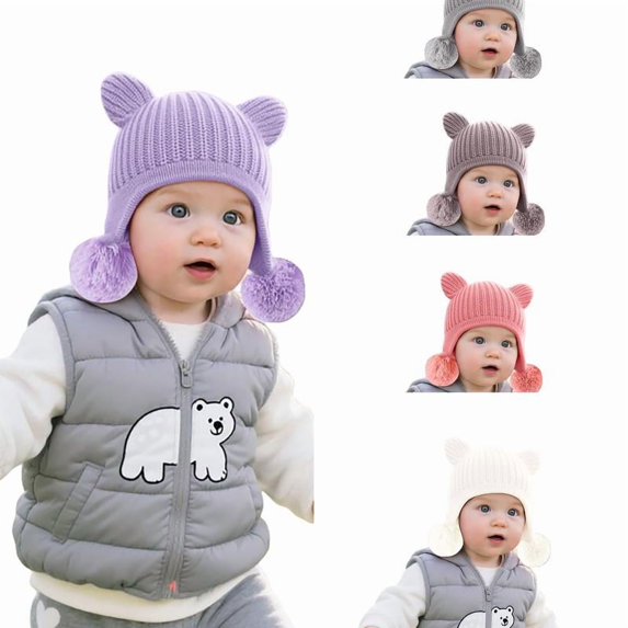 Wdgfv Toddlers Kids Cozy Knitted Beanie with Bear Ear, Baby Girls Boys Warm Lining Earflap Hat Trapper Hat S