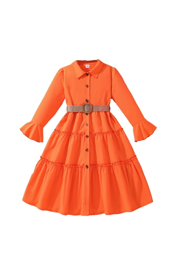 Tween Girls Summer Dresses Ruffed Buttons A-Line Swing Fashion Outfit Long Sleeve Loose Casual Birthday Party Clothes Orange 8-9 Years