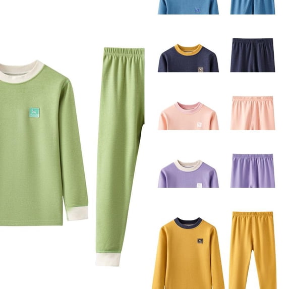 Wdgfv Unisex Kids 2 Piece Thermal Underwear Set, Color Block Crew Neck Long Sleeve Top & Elastic Waist Long Johns, Soft Wool Silk Base Layer Sleepwear 3-4 Years