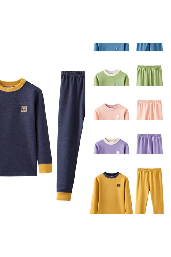Unisex Kids 2 Piece Thermal Underwear Set, Color Block Crew Neck Long Sleeve Top & Elastic Waist Long Johns, Soft Wool Silk Base Layer Sleepwear 4-5 Years