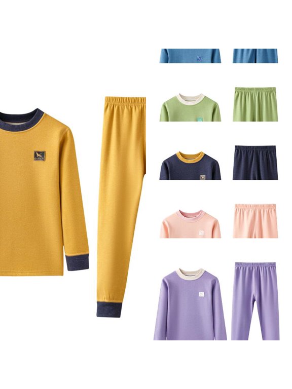 Unisex Kids 2 Piece Thermal Underwear Set, Color Block Crew Neck Long Sleeve Top & Elastic Waist Long Johns, Soft Wool Silk Base Layer Sleepwear 7-8 Years