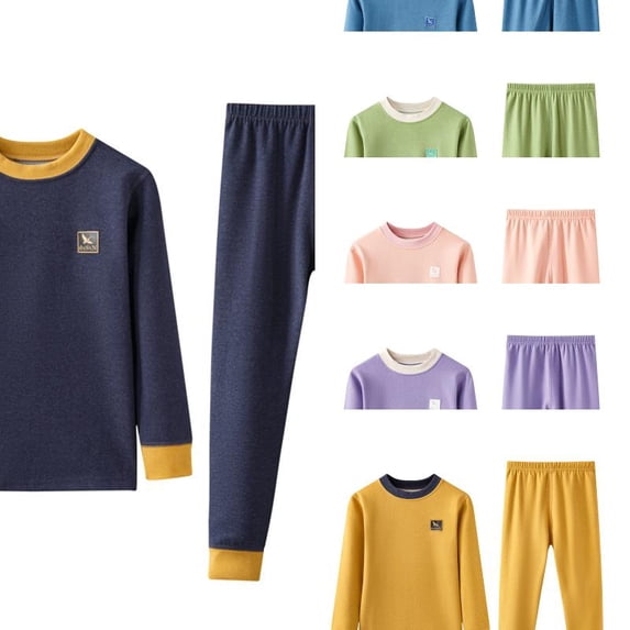 Wdgfv Unisex Kids 2 Piece Thermal Underwear Set, Color Block Crew Neck Long Sleeve Top & Elastic Waist Long Johns, Soft Wool Silk Base Layer Sleepwear 7-8 Years
