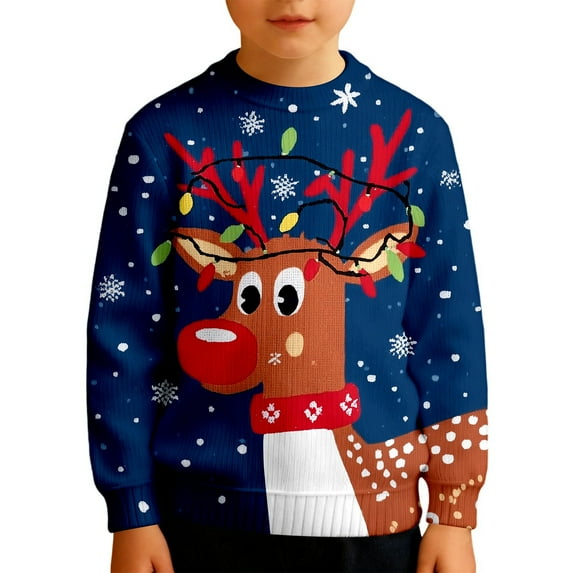 Wdgfv Unisex Kids Girls Boys Christmas Sweater Animals 3D Graphic Funny Long Sleeve Crewneck Holiday Pullover Sweatshirt Navy 3-4 Years