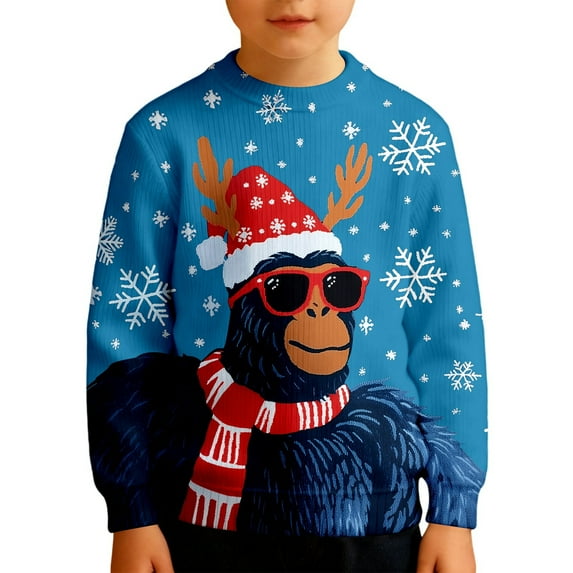 Wdgfv Unisex Kids Girls Boys Christmas Sweater Animals 3D Graphic Funny Long Sleeve Crewneck Holiday Pullover Sweatshirt Sky Blue 5-6 Years