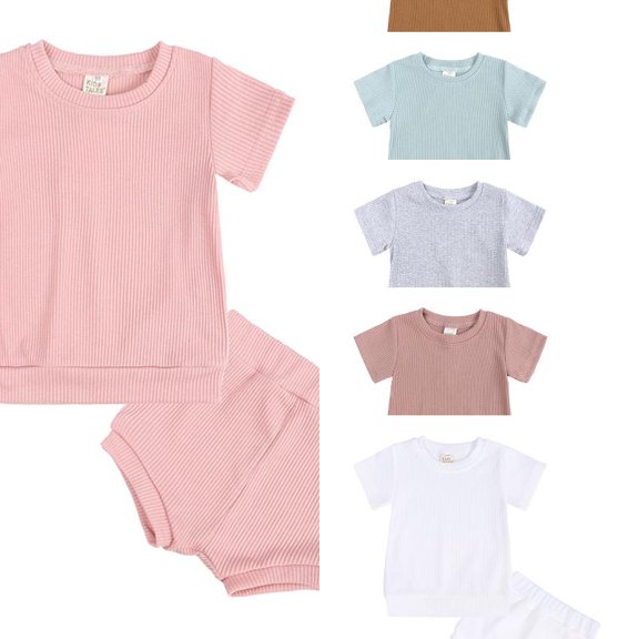 Wdgfv Unisex Kids Ribbed Knit 2 Piece Summer Outfit, Crew Neck Short Sleeve Tee & Elastic Waist Shorts, Soft Stretchy Solid Vintage Tone Loungewear Set for Toddler Boys Girls 9-12 Months