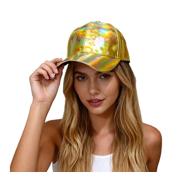 Wdgfv Unisex Shiny Metallic Leather Baseball Cap Adjustable Rainbow Reflective Hop Hat Gold One Size