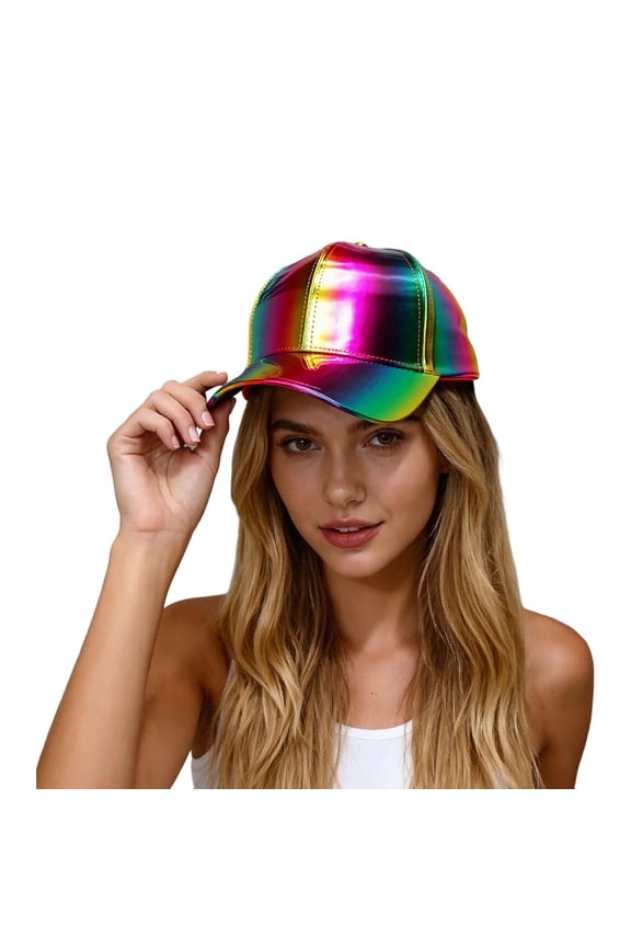 Unisex Shiny Metallic Leather Baseball Cap Adjustable Rainbow Reflective Hop Hat Multicolour One Size