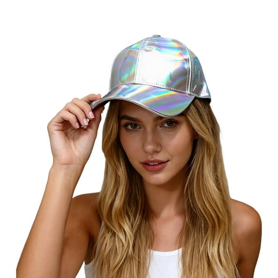 Wdgfv Unisex Shiny Metallic Leather Baseball Cap Adjustable Rainbow Reflective Hop Hat Silver One Size