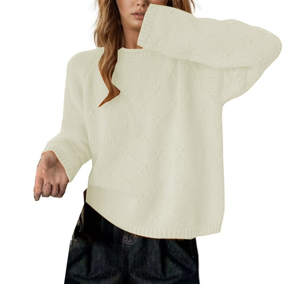 Wdgfv V-Neck Women's Pullover Sweater Women's Casual Knit Pullover Batwing Sleeve Crewneck Loose Fit Top With Crochet Detail Soft Yarn Winter Fall