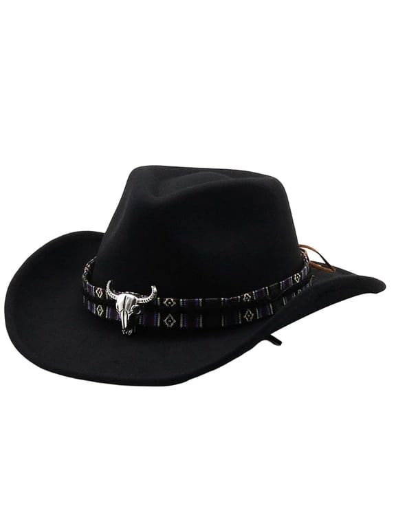 Western Cowboy Jazz Bowler Hat with Unique Cow Head Embellishment for Ethnic Style Black M