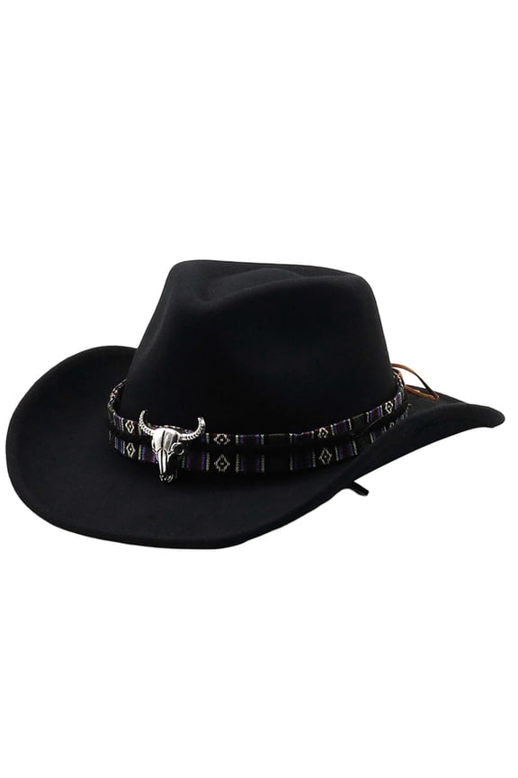 Western Cowboy Jazz Bowler Hat with Unique Cow Head Embellishment for Ethnic Style Black M