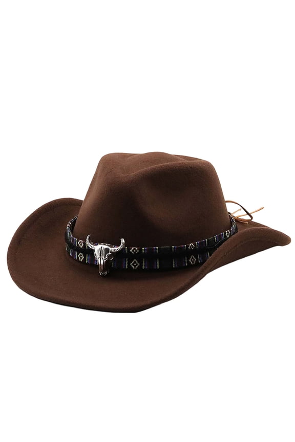 Western Cowboy Jazz Bowler Hat with Unique Cow Head Embellishment for Ethnic Style Coffee M