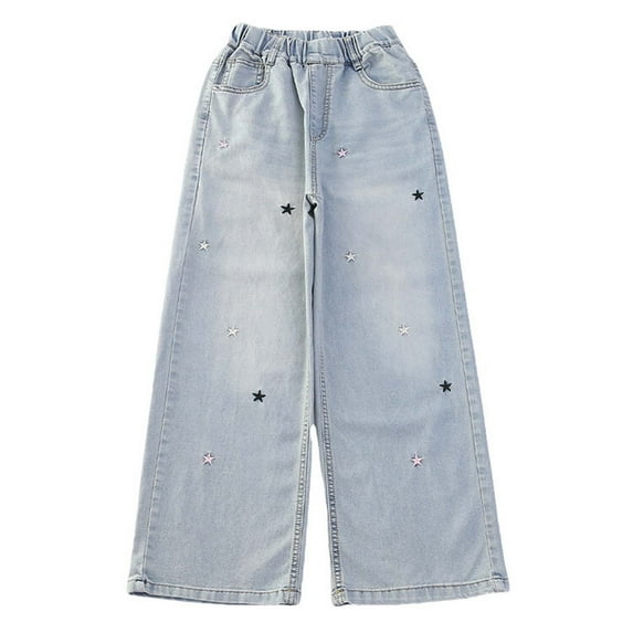 Wdgfv Wide Leg Jeans for Girls Casual Denim Pants Elastic Waist Comfortable Summer Trousers with Pockets 5-17 Years Streetwear Light Blue 16-17 Years