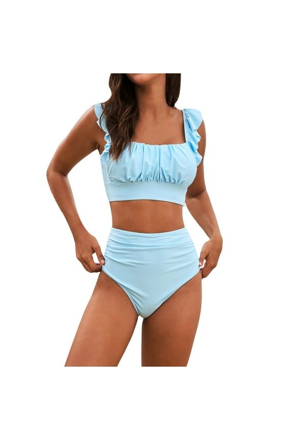 Women 2 Piece High Waisted Bikini Set, Floral Ruffle Tummy Control Swimsuit, Ruched Modest Full Coverage Bathing Suit