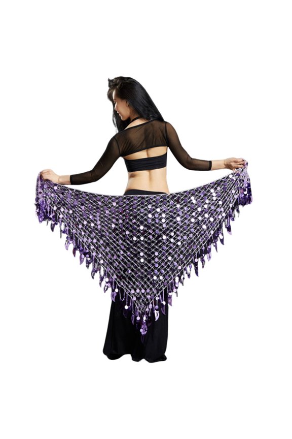 Women Belly Dance Scarf Sequins Mesh Triangle Wrap Skirt Waist Chain Light Purple One Size