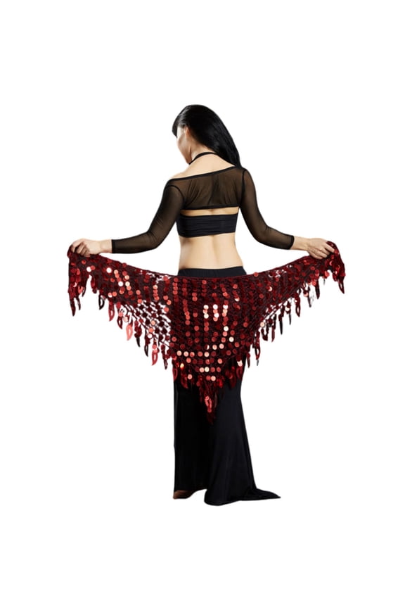 Women Belly Dance Scarf Sequins Mesh Triangle Wrap Skirt Waist Chain Red One Size